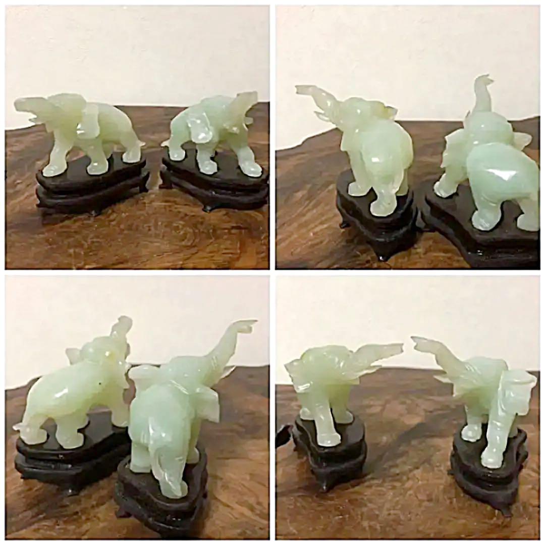 中国美術 古玉 翡翠 台座付き 二頭象 彫刻