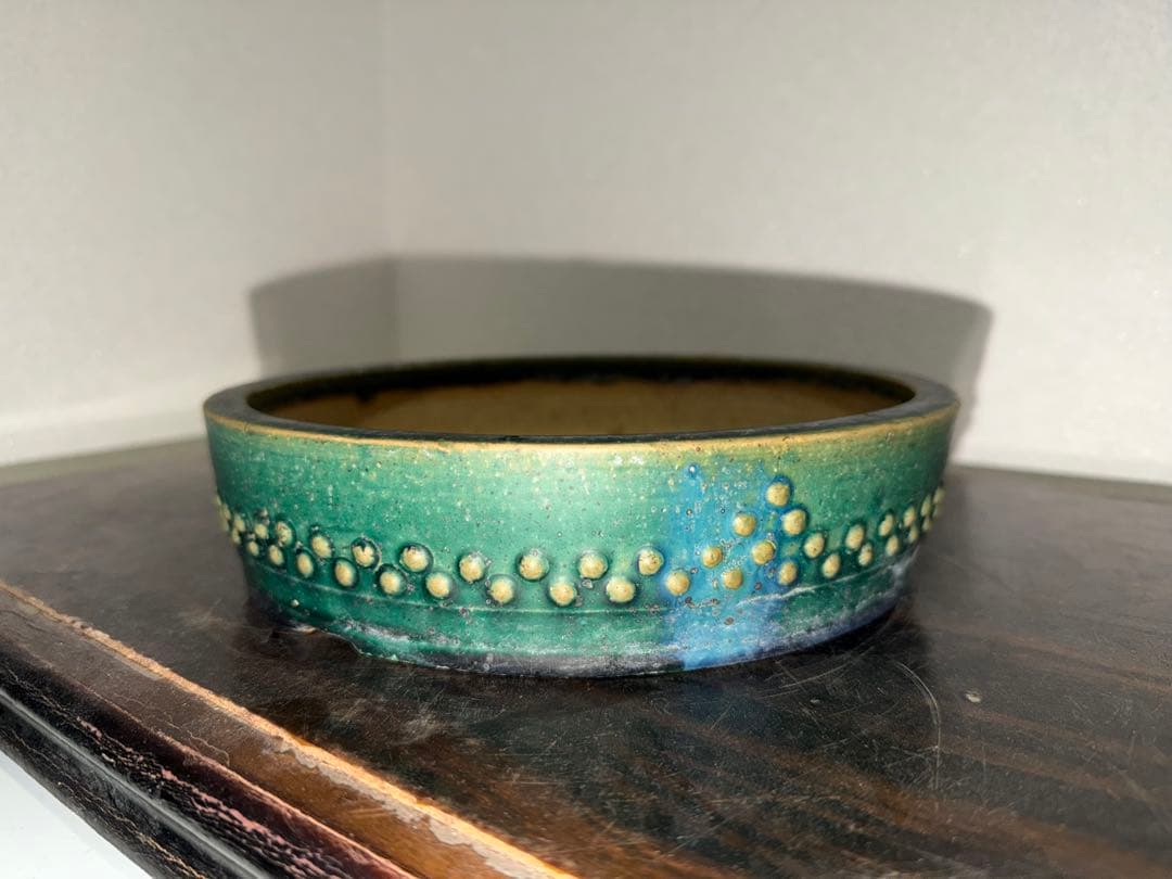 相羽鴻陽 緑釉 盆栽鉢 内縁切足丸鉢　釘彫落款　太鼓　織部釉