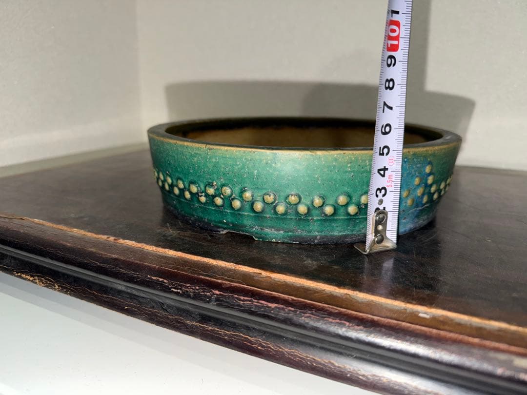 相羽鴻陽 緑釉 盆栽鉢 内縁切足丸鉢　釘彫落款　太鼓　織部釉