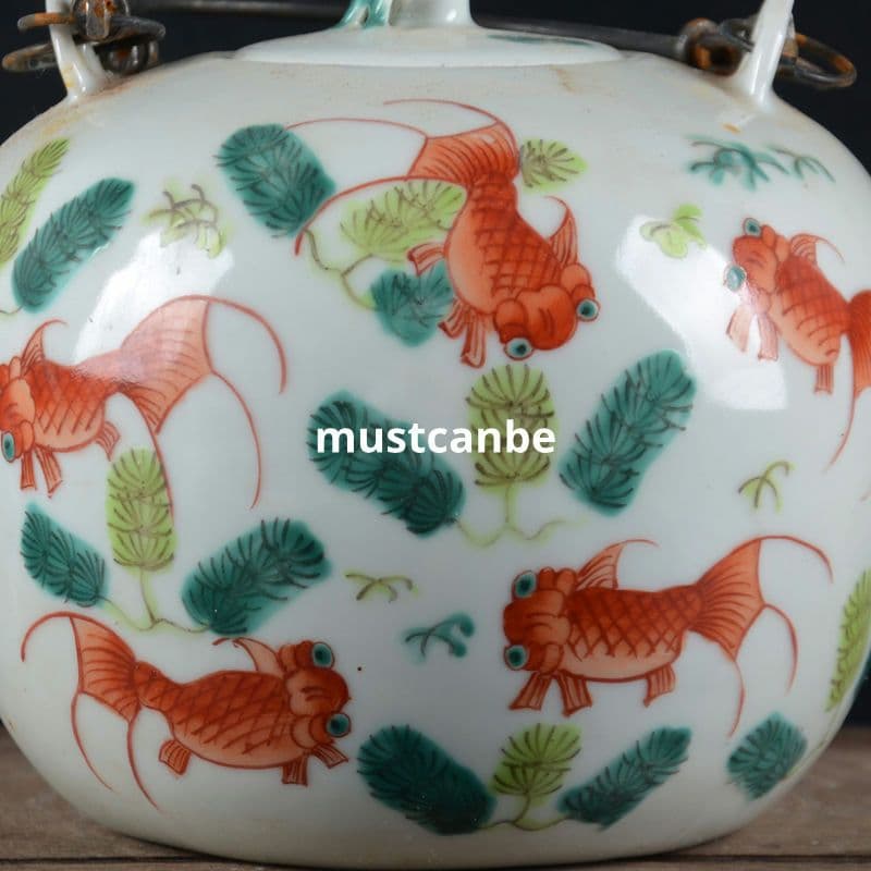 手画パステル金魚壺 提梁壺 茶壺 景徳鎮 陶磁器 煎茶器 現代工芸品 置物