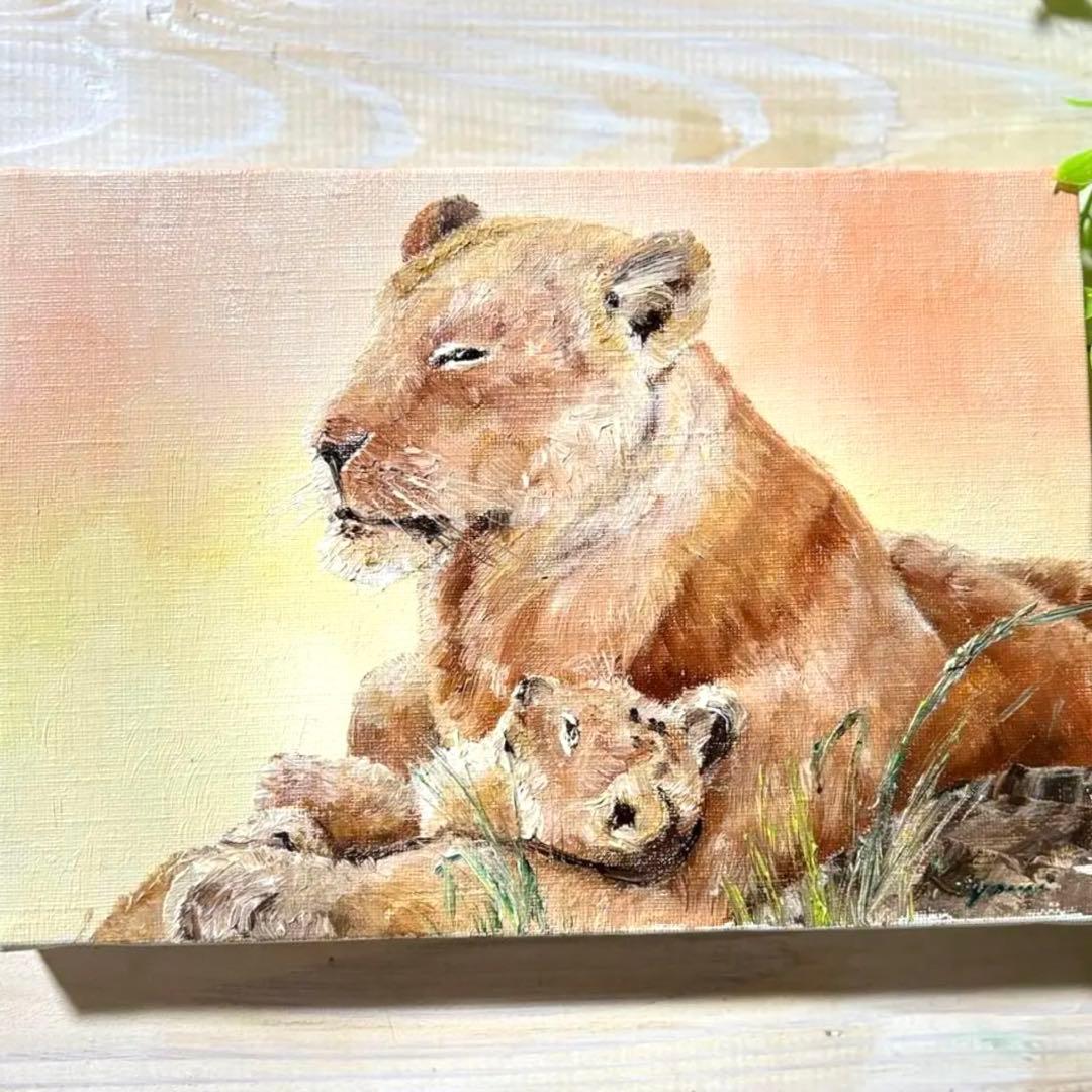 ライオンと子ライオンの油彩画