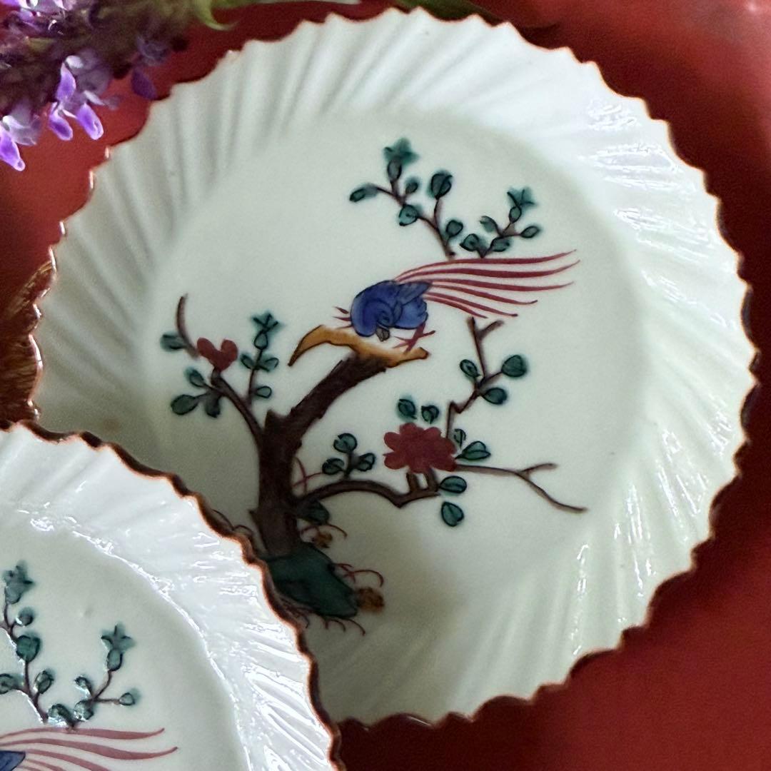 2164感謝‼️夏の倣い古九谷‼️幸せ強運の色絵花鳥図在銘福波打つ小皿4客➕1客プレ