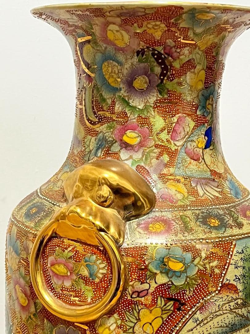 薩摩焼 大花瓶　鶴舞武士戦図　金彩耳双