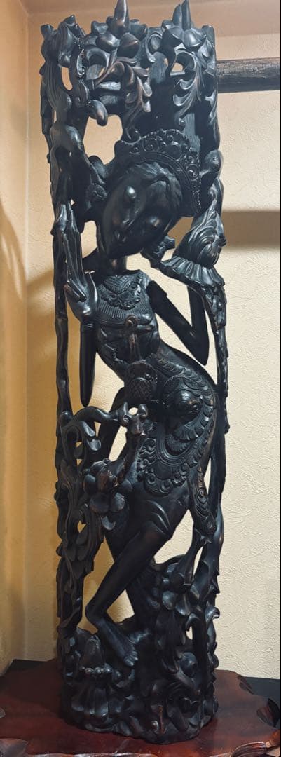 黒檀 木彫 細密彫刻 女神 77cm 大型 バリ 神 神話 置物 彫刻 美術品