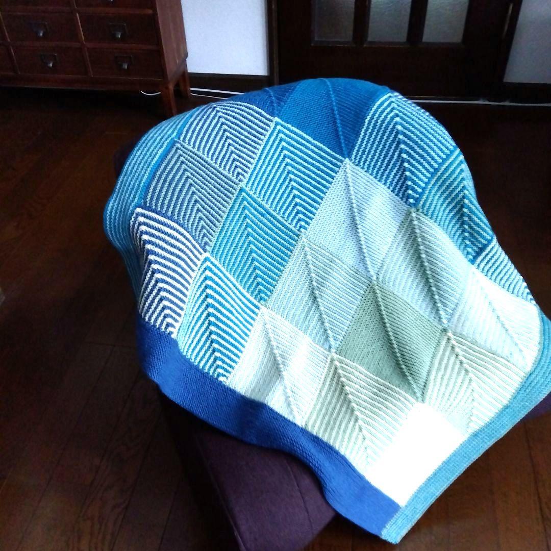 モチーフ編みブランケット マルチカバー　ブルー系