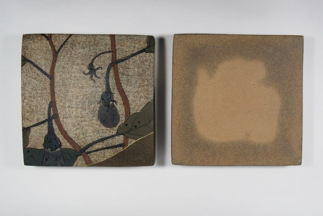 希少！上位作！【伊藤東彦】布目茄子文陶箱（共箱、共布、栞コピー）。本物保証！。