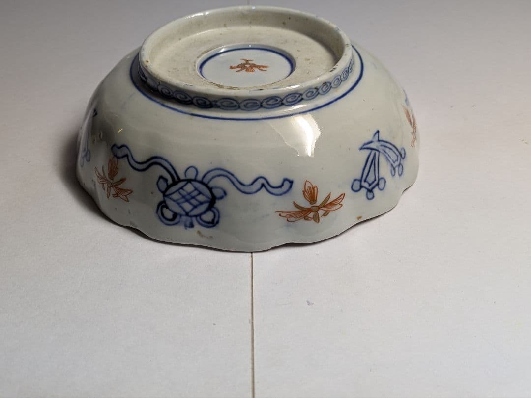 古伊万里、金襴手、『色絵金彩三方窓絵鳳凰花竹文輪花皿』、5客、銘「花柄」有、箱無