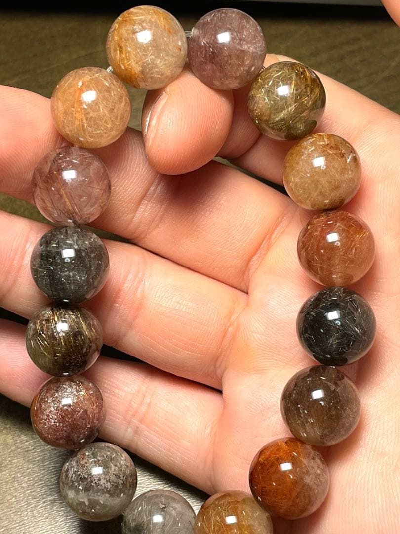 高品質シルバールチル入りミックスルチルクォーツ大玉13㎜ブレス（新品未使用）