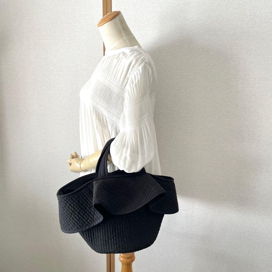 フリル付き丸底マルシェバッグ　ヌビバッグ　ブラック　ハンドメイド