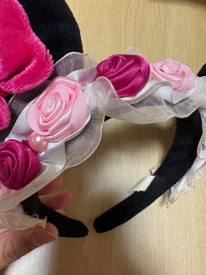 ディズニー ミニー カチューシャ 薔薇 バラ ローズ リボン ピンク