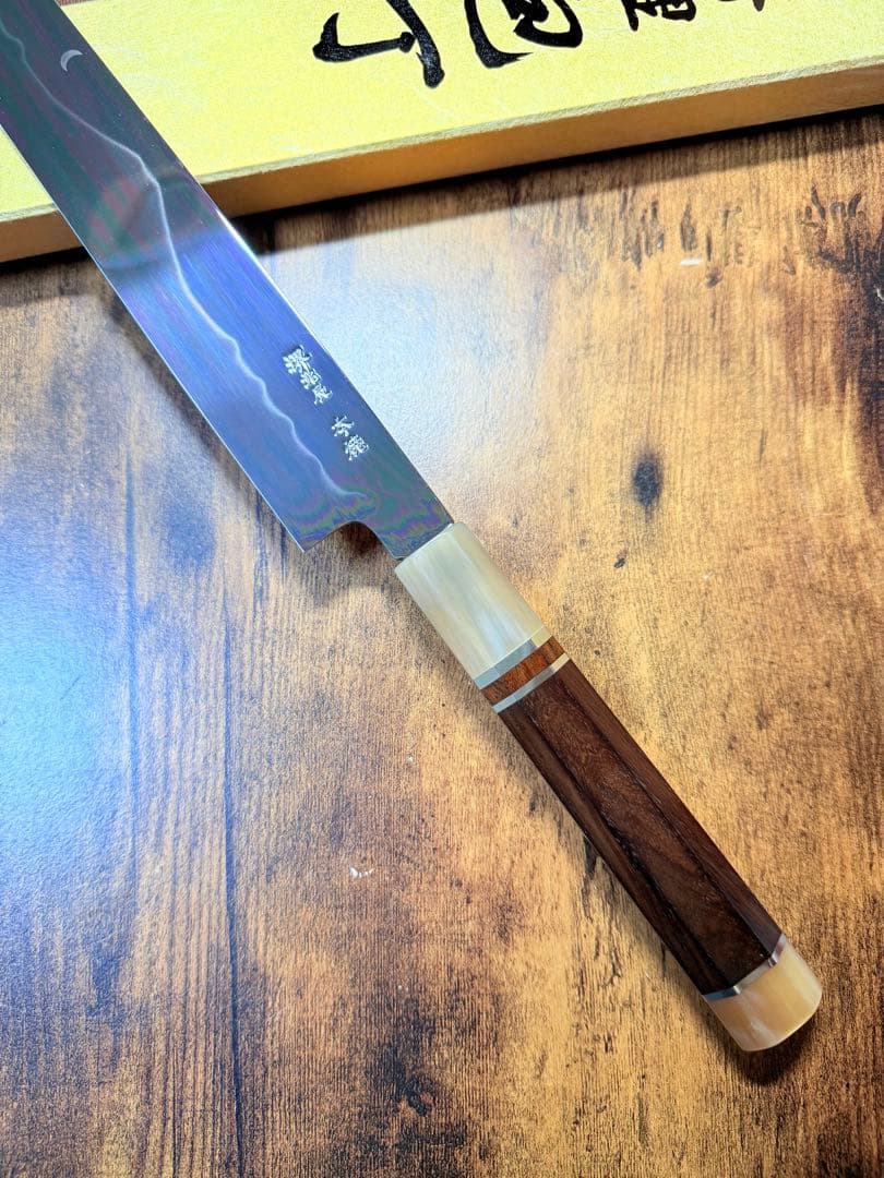 池田美和　刺身 柳刃　本焼　白紙鋼　富士山 全鏡面　尺　紫檀白水牛八角柄