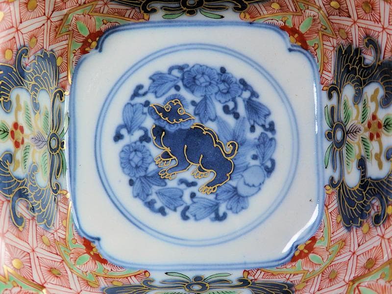 大聖寺古伊万里　菊花四方襷紋に獅子の図　四方角向付　E508AS-CRw