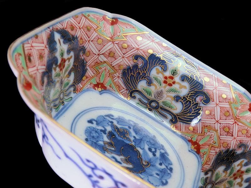 大聖寺古伊万里　菊花四方襷紋に獅子の図　四方角向付　E508AS-CRw