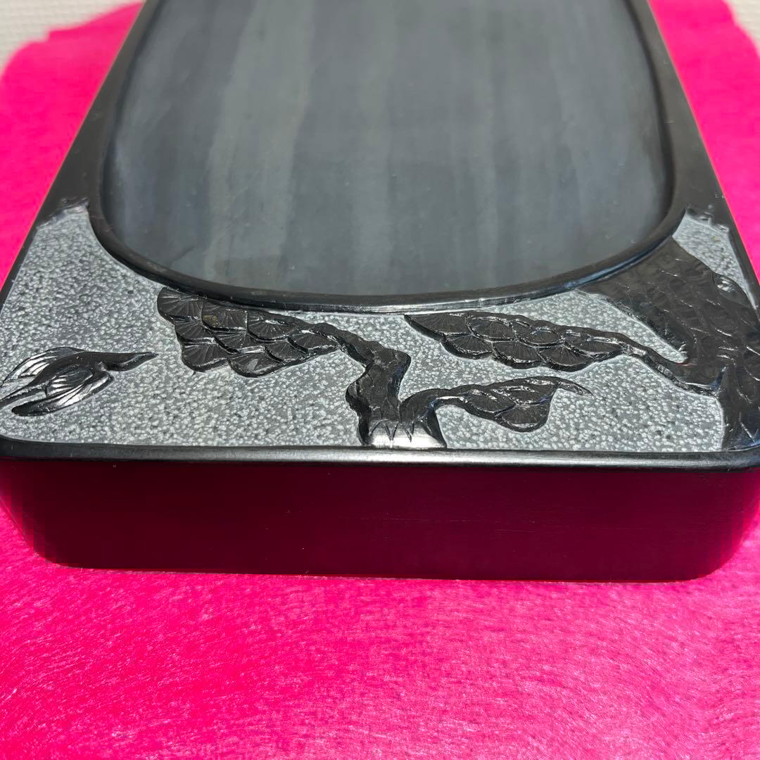 ⭕️雄勝硯　彫刻長方硯　石紋綺麗　四六寸　永寿松と海ねこを彫刻