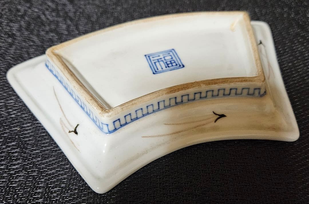 江戸時代末期～明治時代　江戸前期　古九谷写し　色絵　扇面形　松竹梅に鳥の図　皿