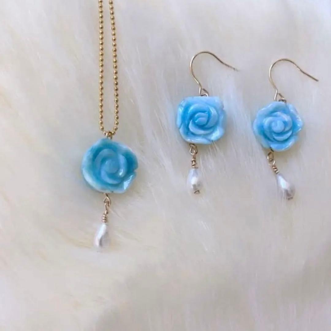 天然無処理ラリマー 薔薇彫刻 ネックレス＆ピアス オリジナルセット