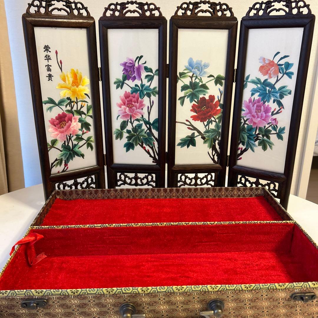 中国蘇州刺繍レトロ唐木製4曲刺繍入りガラス 屏風衝立 飾り物高37cmx13cm