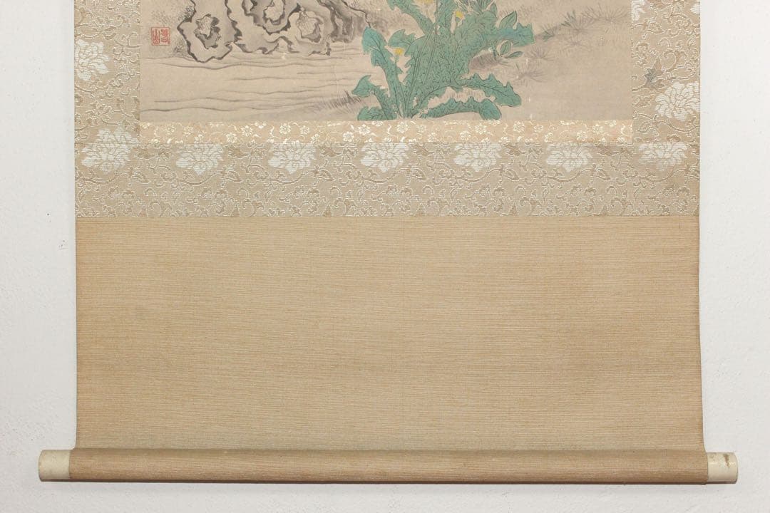 No5393 掛軸　印刷　在印　春山　工芸　牡丹孔雀図　絹本着色　花鳥　送料無料