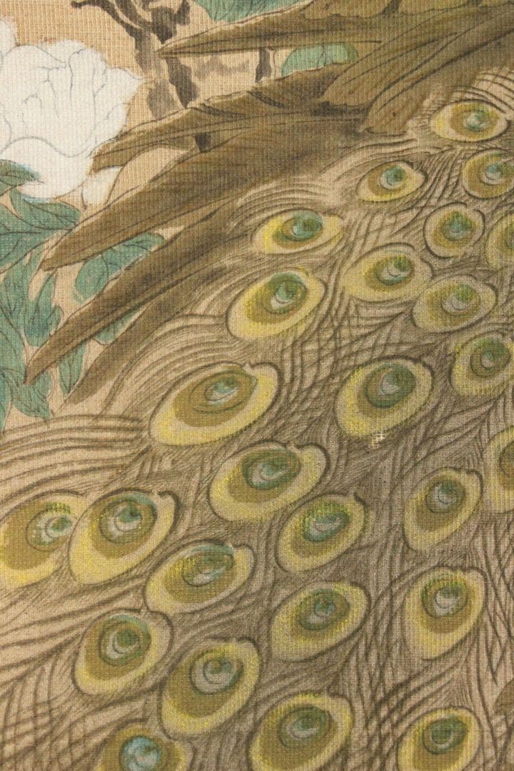 No5393 掛軸　印刷　在印　春山　工芸　牡丹孔雀図　絹本着色　花鳥　送料無料