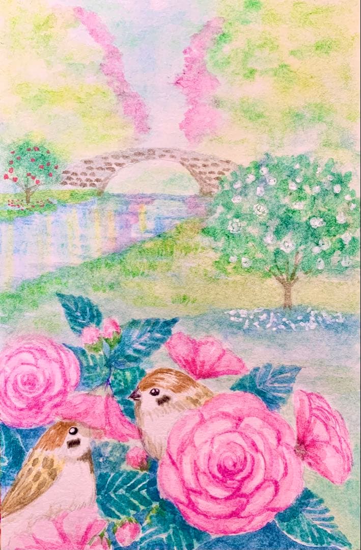 むー水彩画　乙女椿とすずめ　値段は※900円です