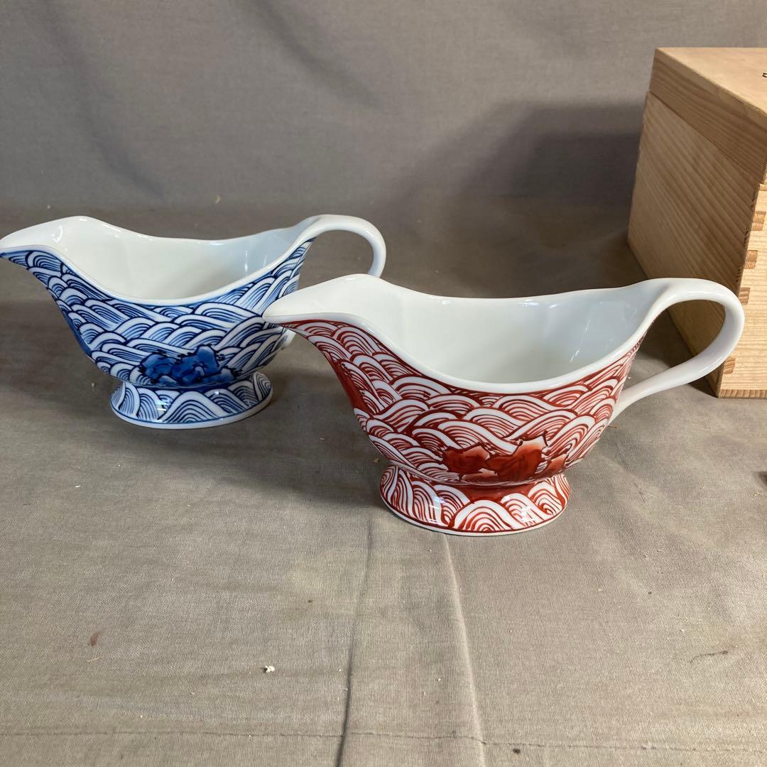 【源右衛門】古伊万里の伝統　日本の名窯　舘林源右衛門作　紺朱岩波紋　調味入二個